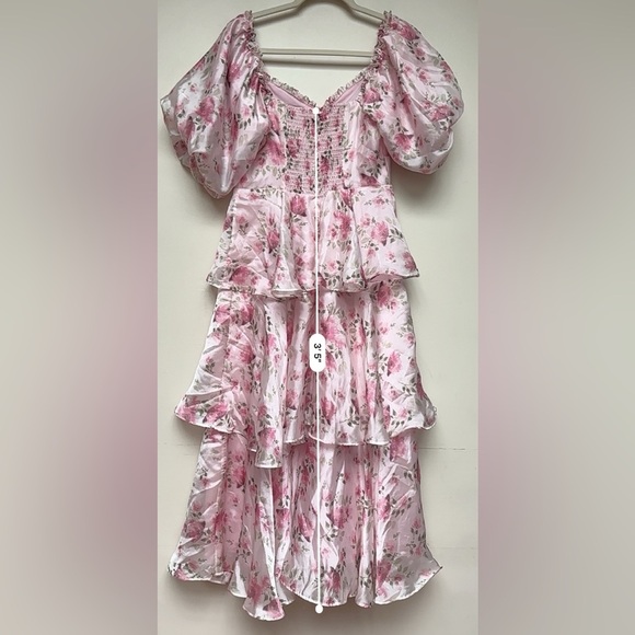 Lulus Romilly Light Pink Floral Tiered Midi Dress Size Medium - Picture 14 of 14